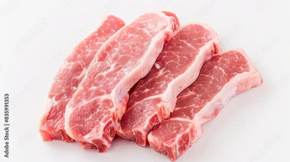 Four raw pork chops are arranged on a white background Four raw pork chops are arranged on a white background