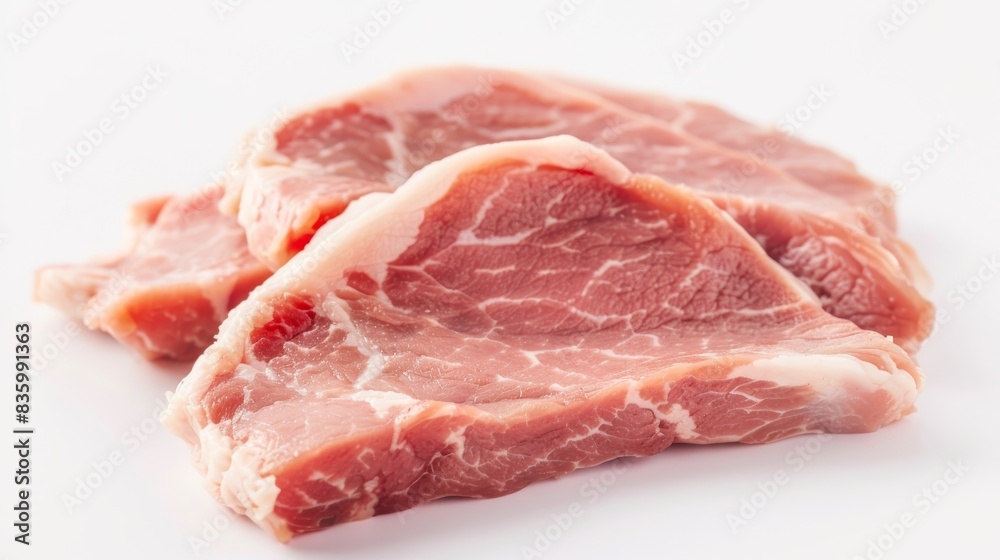 Four slices of raw pork tenderloin on a white background Four slices of raw pork tenderloin on a white background
