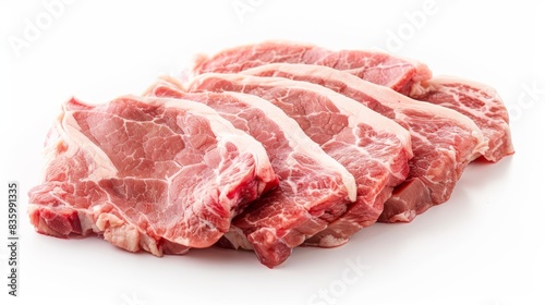 A close-up image of five raw lamb chops arranged neatly on a white background