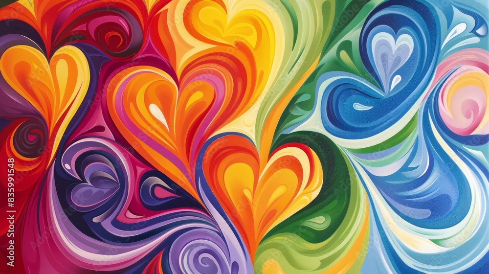 Design a dynamic and energetic composition with swirling, overlapping love hearts in a rainbow of colors Design a dynamic and energetic composition with swirling, overlapping love hearts in a rainbow of colors