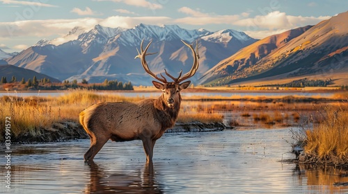 A majestic elk stands in a mountain river with a snow-capped mountain range in the background. The sun is setting  casting a warm glow on the scene