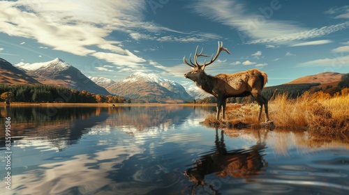 A large red deer buck stands on the edge of a mountain lake in the Scottish Highlands  its reflection mirroring the picturesque scene