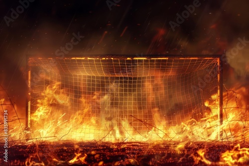 Design a soccer goal surrounded by flickering fire flames, giving a dramatic and intense effect photo