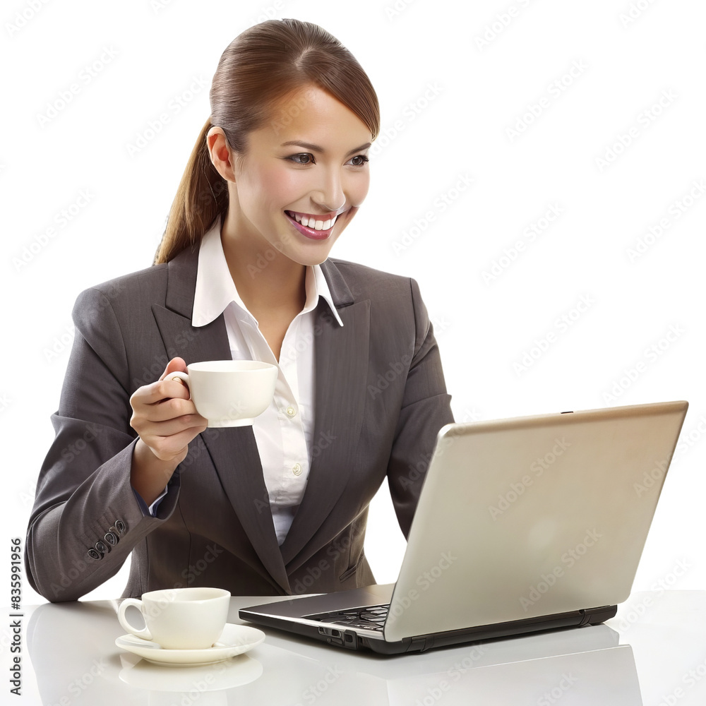 Businesswoman in a suit working on a laptop while smiling and holding a coffee cup, representing productivity and professionalism in the workplace. Businesswoman in a suit working on a laptop while smiling and holding a coffee cup, representing productivity and professionalism in the workplace.
