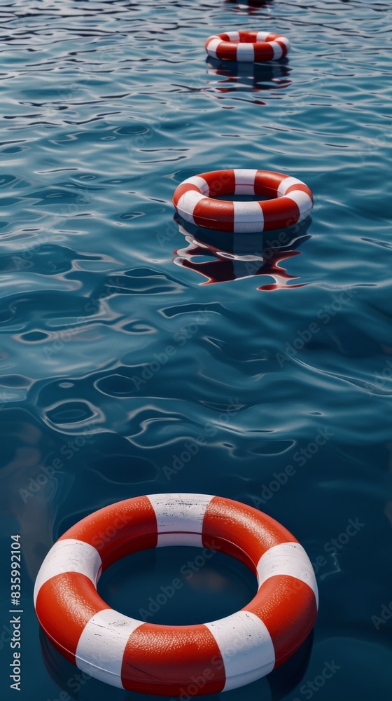 Naklejka premium Red and white lifebuoy rings floating on calm water