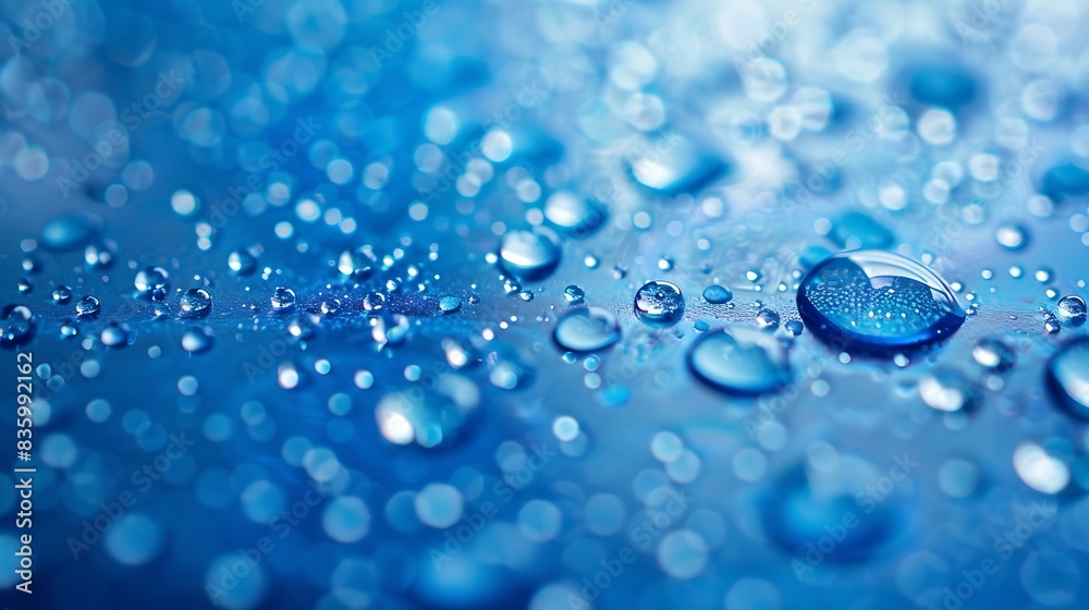 Close-up of water droplets scattered across a bright blue surface. Close-up of water droplets scattered across a bright blue surface.