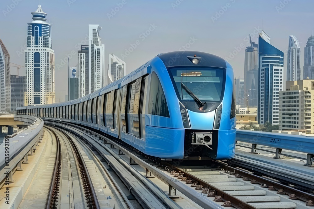 Fototapeta premium Dubai Metro System Public Transport Amidst Skyscrapers and City Skyline