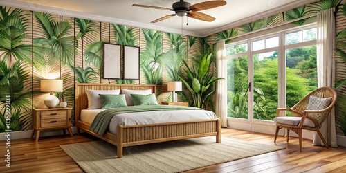 Tropical-themed bedroom with bamboo furniture, palm leaf wallpaper, and ceiling fan , tropical, bedroom, palm leaves, wallpaper, bamboo, furniture, ceiling fan, decor, tropical paradise photo