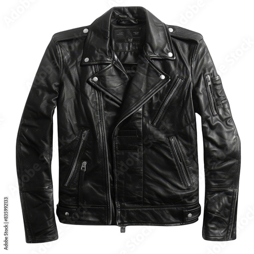 Classic black leather biker jacket with multiple zippers and metal studs, perfect for a stylish, edgy, and timeless fashion statement.