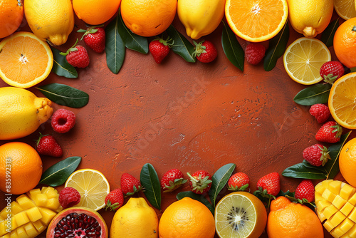 A colorful fruit arrangement with oranges, strawberries, and raspberries. The arrangement is on a brown background. Vegetarian diet with fresh citrus and fruits with copy space for advertisiment photo