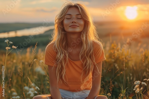 a beautiful girl sits on the river bank and looks at the sunset