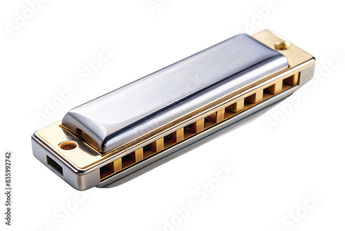 Close-up of a metallic harmonica isolated on a white background, showcasing its shiny sleek design and intricate details. photo