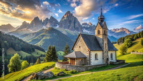 A picturesque church nestled in the mountains, mountains, church, religious, nature, landscape, architecture, chapel, isolated, serene, peaceful, remote, scenic, spiritual, tranquil, holy © artsakon