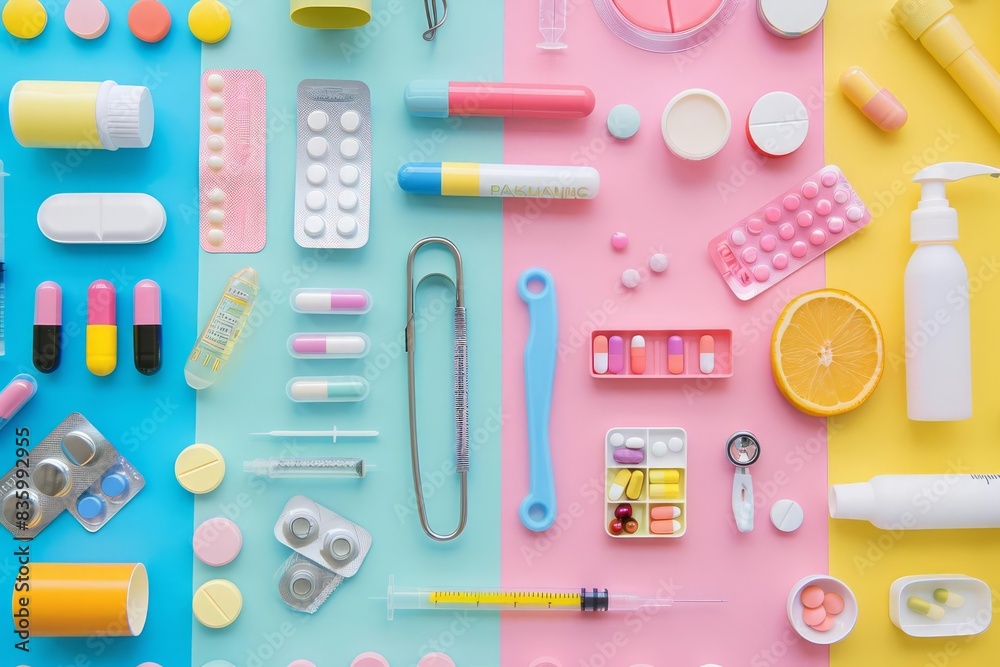 Flat lay arrangement of various medical objects on a colorful background Flat lay arrangement of various medical objects on a colorful background