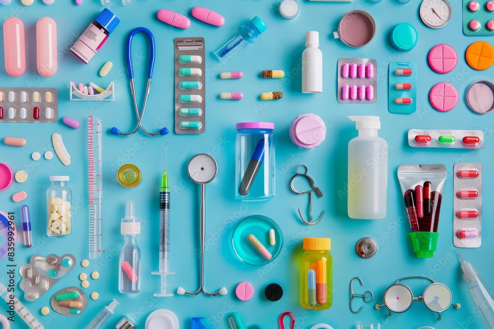 Flat lay arrangement of various medical objects on a colorful background