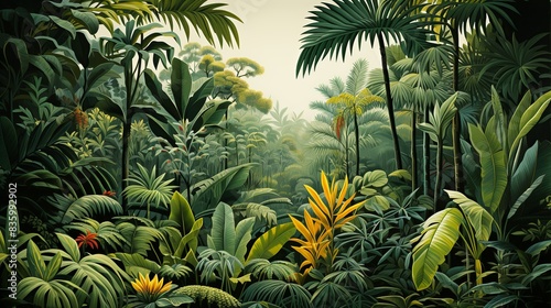 A lush tropical rainforest canopy, teeming with vibrant flora and echoing with the calls of exotic birds, creating a botanical paradise. Painting Illustration style, Minimal and Simple,