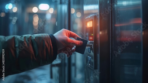 Person's hand inserting a key card into a modern access control system with a glowing digital display in a dimly lit environment. photo