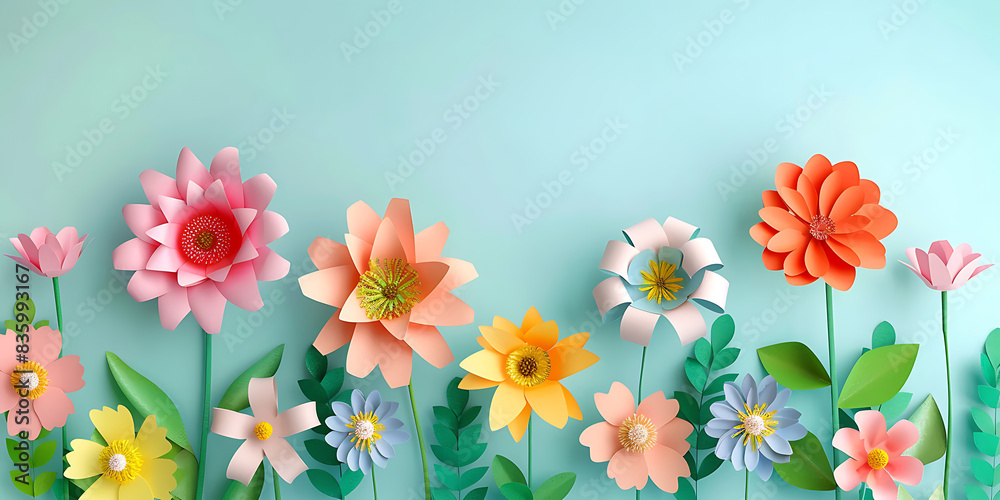 Colorful paper cut flowers with leaves on solid with copy space background - Ai Generated