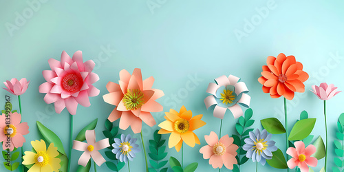 Colorful paper cut flowers with leaves on solid with copy space background - Ai Generated