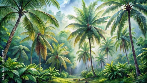 Watercolor painting of palm trees in a lush jungle forest   landscape  decorative  nature  tropical  foliage  leaves  greenery  exotic  vibrant  colors  artistic  serene  tranquil
