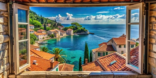 Open window with a breathtaking Mediterranean vista of turquoise waters, terracotta rooftops, and lush greenery under the warm sun, Mediterranean, vista, turquoise waters photo