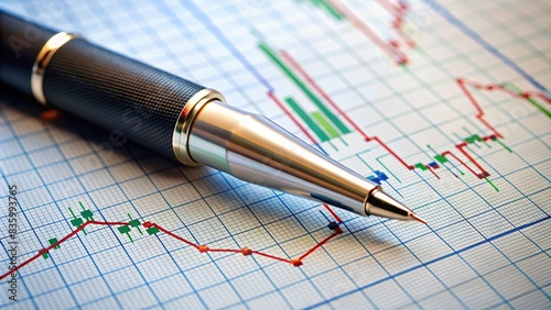 Pen placed on a financial graph chart paper, finance, investment, stock market, analysis, data, growth, business, economy, wealth, planning, strategy, graph, chart, paper, pen, writing