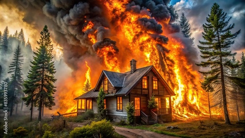 Burning house surrounded by forest with raging fire , disaster, nature, flames, smoke, destruction, emergency, danger, wildfire, catastrophe, conflagration, inferno, evacuation, blaze photo