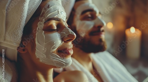 A young couple is relaxing in a spa. They are both wearing white towels and have white facial masks on. The woman is resting her head on the man's shoulder. photo