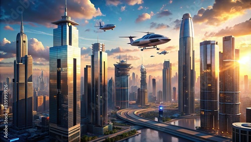 Futuristic cityscape with skyscrapers and flying vehicles , future, city, urban, technology, architecture, buildings, skyline, modern, innovation, design, transportation, futuristic photo