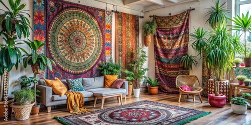 Boho home decor with colorful tapestries, plants, vintage rugs, and macrame wall hangings, bohemian, eclectic, interior design, cozy, vibrant, artistic, handmade, ethnic, hippie