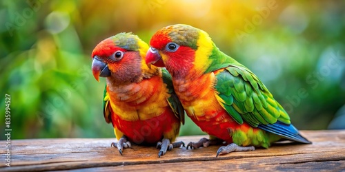 Close-up of two colorful love birds cuddling on wooden surface, romantic, multicolor, love birds, cuddling, wood, macro, close-up, colorful, feathers, affectionate, nature, wildlife, vibrant photo