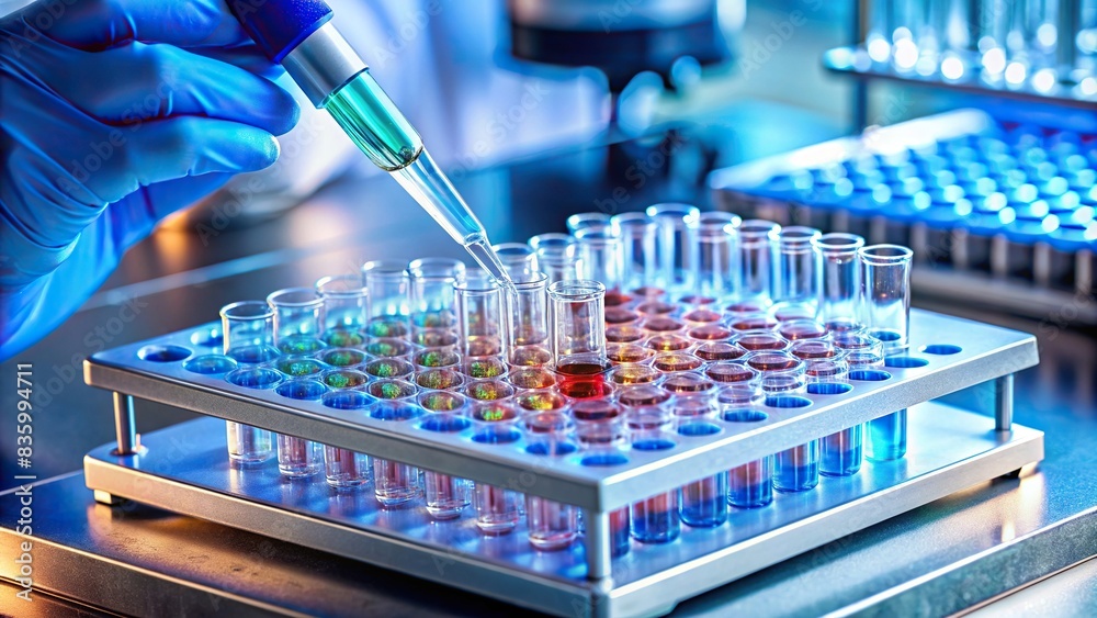 Precise dispensing of samples into microplate for scientific analysis in progress , laboratory