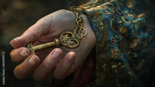 In a sacred moment, holding an oldfashioned gold key