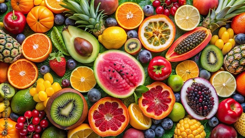 Vibrant tropical fruit collage with assorted delicious and dazzling fruits , Exuberant, tropical, fruit, collage, vibrant, artistic, portrait,assorted, delicious, dazzling, colorful, vibrant photo