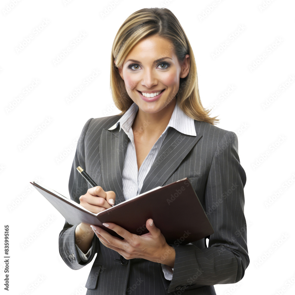Confident businesswoman smiling while writing in a notebook, wearing a gray suit, isolated on a white background.