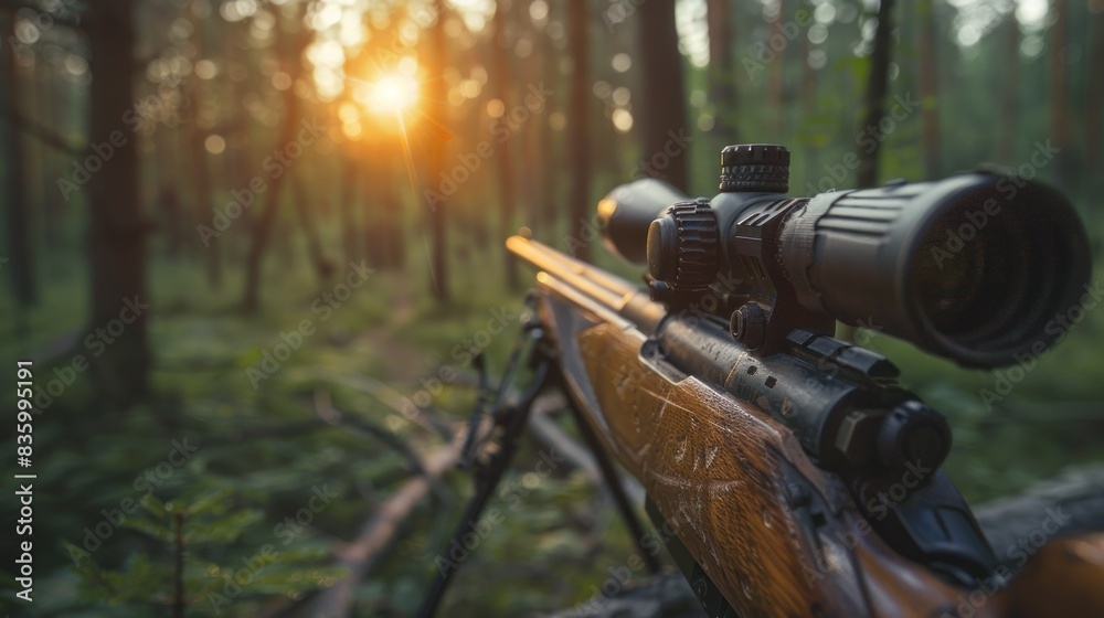 Close up Hunting rifle after firing in the forest Close up Hunting rifle after firing in the forest