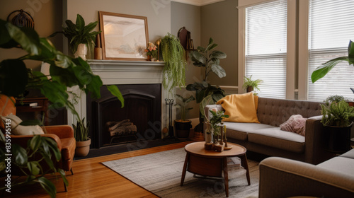 Living room with a fireplace and houseplants