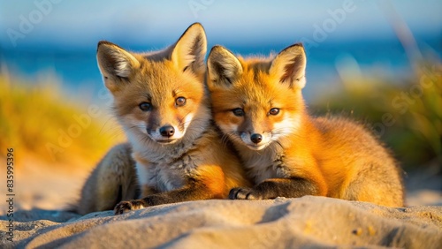 Two wild baby red foxes cuddling on the sandy beach during a sunny day in Nova Scotia, Canada , wildlife, nature, animal, red fox, cute, adorable, young, beach, sand, cuddling, love, wild