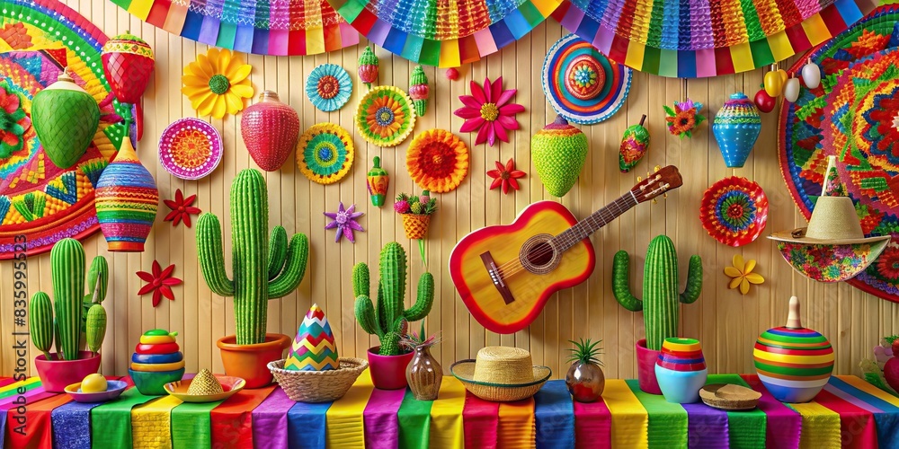 Cinco de Mayo traditional wall with colorful decorations, festive, Mexican, holiday, celebration, party, fiesta, vibrant, culture, traditional, decorations, colorful, background, texture