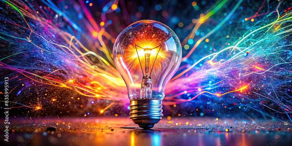 Vibrant photo of lightbulb surrounded by colorful sparks , innovation, brilliance, creativity, imagination, inspiration, innovation, invention, idea, concept, glow, vibrant, energy, brainstorm