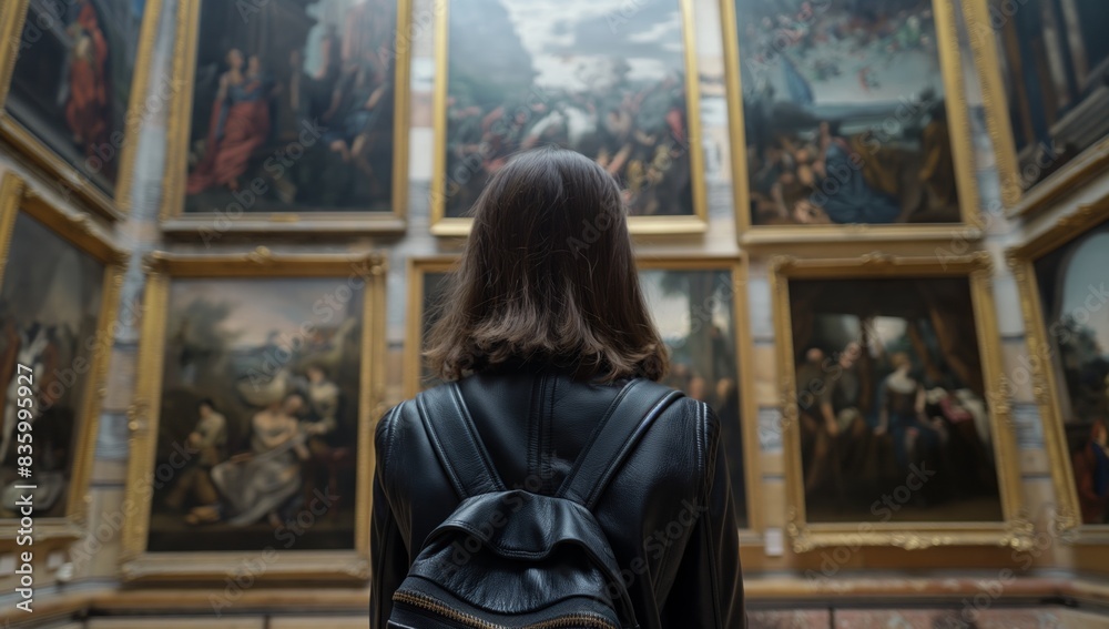A back shot of a grown woman, wearing black bag, exploring museum paintings within the atmospheric halls of an art gallery