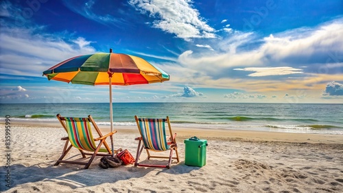 Scenic view of a deserted beach with beach chairs  umbrella  and family belongings  beach  vacation  summer  family  relaxation  sunlight  sand  waves  horizon  ocean  tranquil  serene
