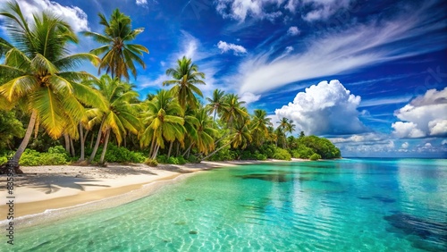 Beautiful tropical island beach with turquoise ocean water  yellow sand  coconut palm trees  and a clear blue sky with white clouds   tropical  island  beach  ocean  turquoise