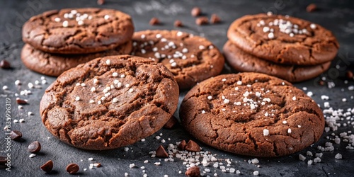 Rich double chocolate cookies sprinkled with salt flakes on a dark background , chocolate, cookies, dessert, sweet, baking, homemade, decadent, indulgent, treat, cocoa, dark chocolate, salty photo