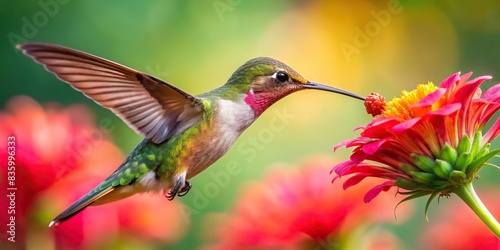 Hummingbird gracefully sipping nectar from a vibrant flower , wildlife, nature, bird, animal, tiny, colorful, feeding, delicate, beauty, garden, summer, pollination, beak, wing, peaceful photo