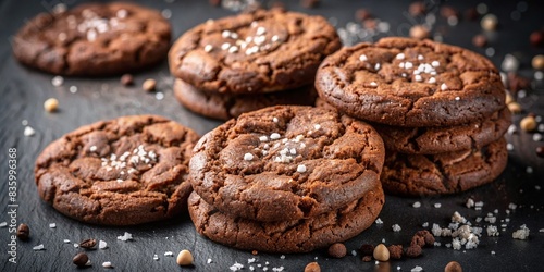 Rich double chocolate cookies sprinkled with salt flakes on a dark background , chocolate, cookies, dessert, sweet, baking, homemade, decadent, indulgent, treat, cocoa, dark chocolate, salty photo