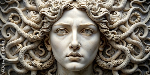 Close up portrait of a cyborg Medusa carved in marble, cyborg, Medusa, close up, marble, sculpture, mythical, artificial intelligence, futuristic, robotic, ancient, technology, mythological