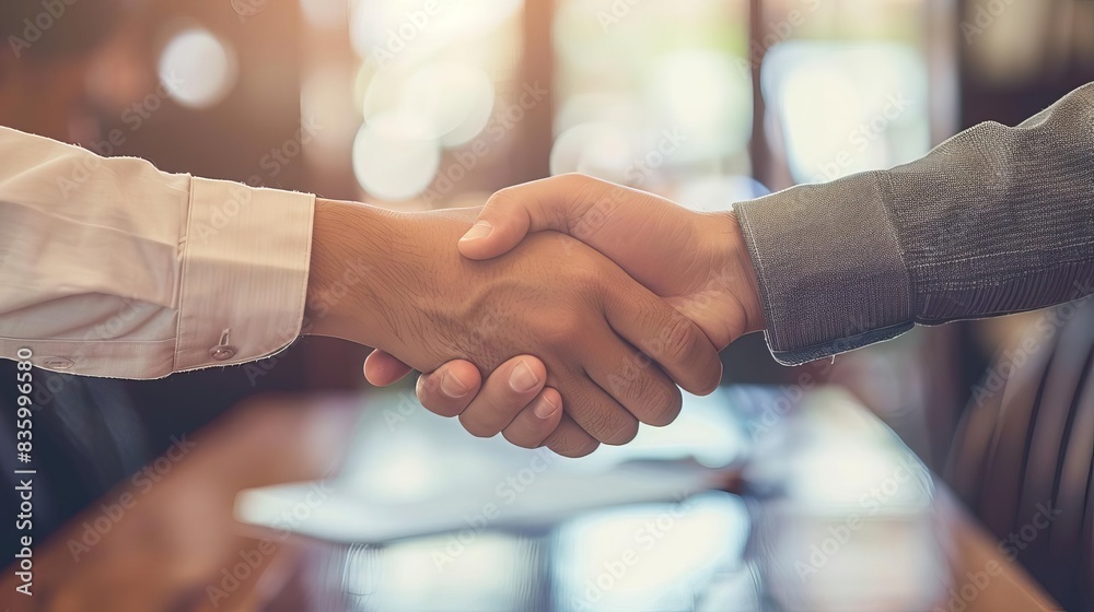 Close-up of a professional handshake between two people in a business setting, symbolizing agreement and partnership.
