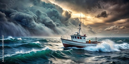 A sea boat navigating through a fierce storm   stormy weather  rough seas  sailing  watercraft  adventure  danger  maritime  ocean  waves  dramatic  turbulent  challenging  vessel  nautical