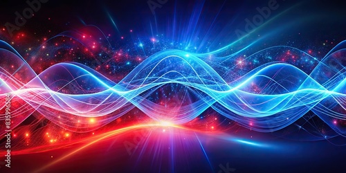 Stunning digital art featuring dynamic light waves in deep blues and vivid reds, digital art, abstract, vibrant, colors, waves, motion, energy, modern, futuristic, technology, design